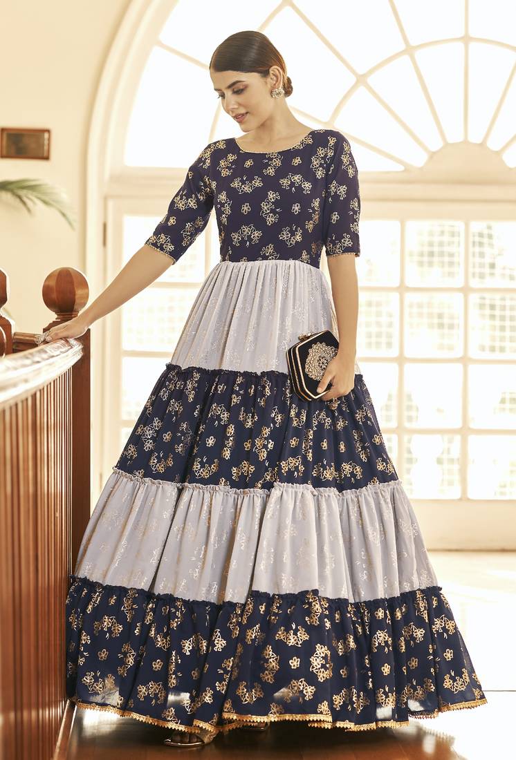 Navy Blue & Grey Metallic Foilage Print Georgette Anarkali Long Gown Semi Stitched