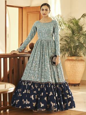 Pista Grey & Navy Blue Metallic Foilage Print Georgette Anarkali Long Gown Semi Stitched 1