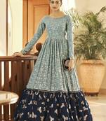 Pista Grey & Navy Blue Metallic Foilage Print Georgette Anarkali Long Gown Semi Stitched