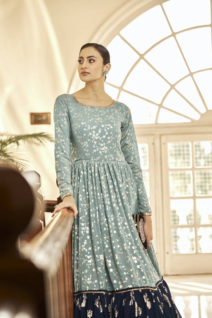 Pista Grey & Navy Blue Metallic Foilage Print Georgette Anarkali Long Gown Semi Stitched