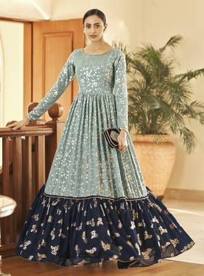 Pista Grey & Navy Blue Metallic Foilage Print Georgette Anarkali Long Gown Semi Stitched 3