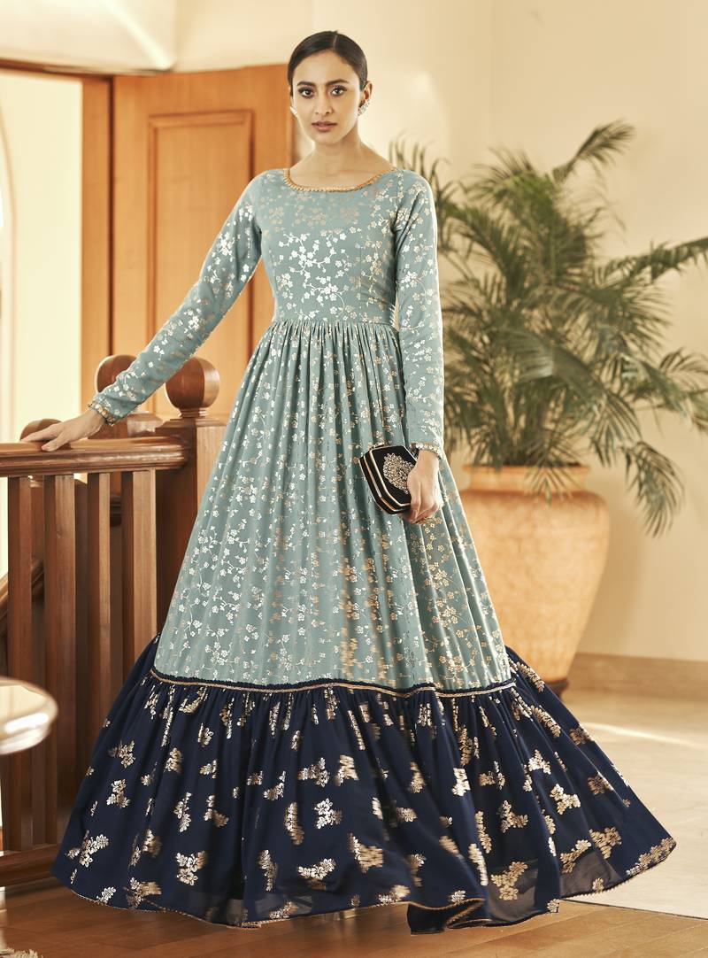 Pista Grey & Navy Blue Metallic Foilage Print Georgette Anarkali Long Gown Semi Stitched