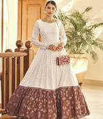 White & Brown Metallic Foilage Print Georgette Anarkali Long Gown Semi Stitched