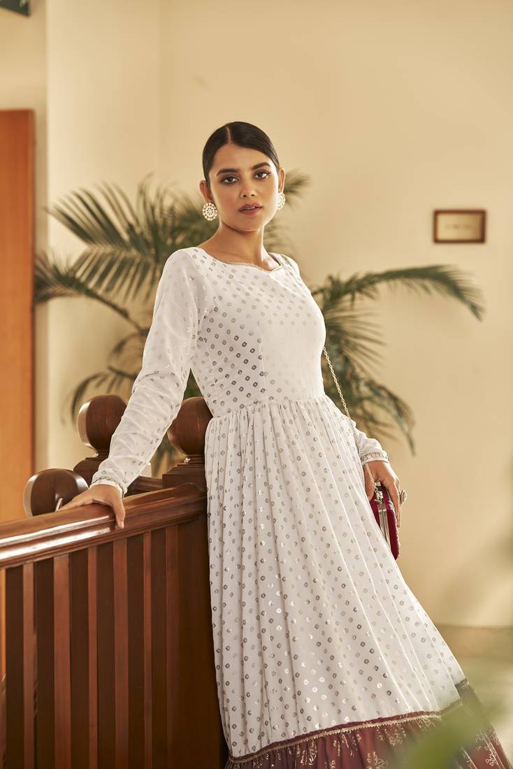 White & Brown Metallic Foilage Print Georgette Anarkali Long Gown Semi Stitched