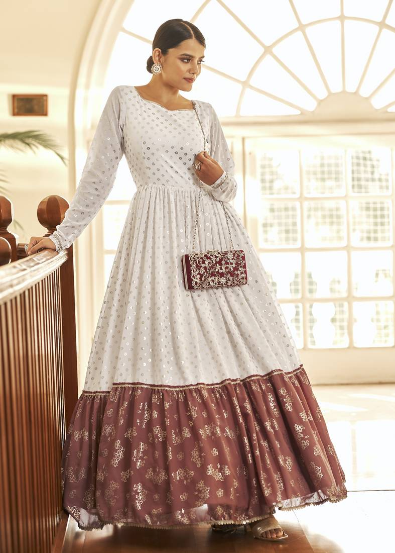 White & Brown Metallic Foilage Print Georgette Anarkali Long Gown Semi Stitched
