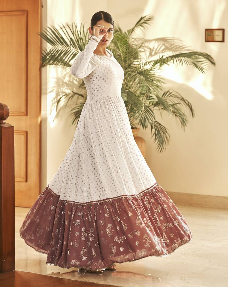 White & Brown Metallic Foilage Print Georgette Anarkali Long Gown Semi Stitched