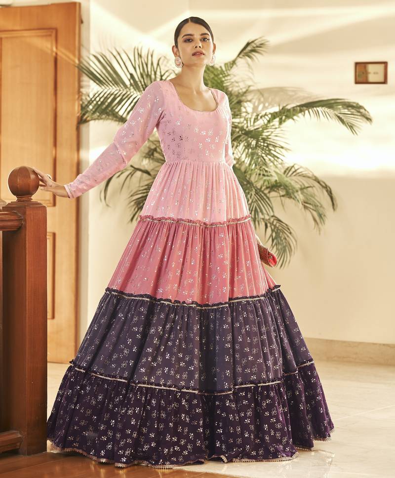 Anarkali Gown Peach And Purple Dress Purple Floral Sequins