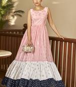 Pink & White & Navy Blue Metallic Foilage Print Georgette Anarkali Long Gown Semi Stitched