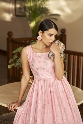 Pink & White & Navy Blue Metallic Foilage Print Georgette Anarkali Long Gown Semi Stitched 2