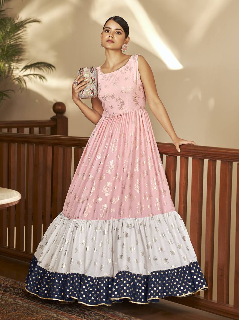 Pink & White & Navy Blue Metallic Foilage Print Georgette Anarkali Long Gown Semi Stitched