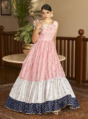 Pink & White & Navy Blue Metallic Foilage Print Georgette Anarkali Long Gown Semi Stitched 4