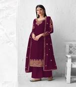 Purple embroidery georget silk semistitch straight suits palazzo salwar suits