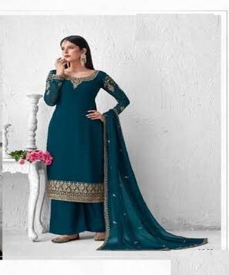 Blue embroidery georget silk semistitch straight suits palazzo salwar suits 1