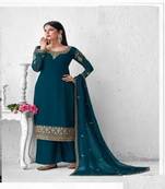 Blue embroidery georget silk semistitch straight suits palazzo salwar suits