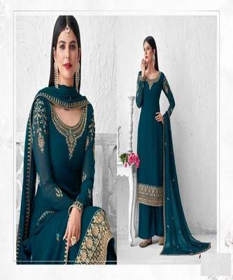 Blue embroidery georget silk semistitch straight suits palazzo salwar suits 3