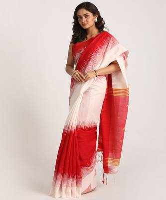 Red White Cotton Blend Handloom Tie Dye Jamdani Saree 1