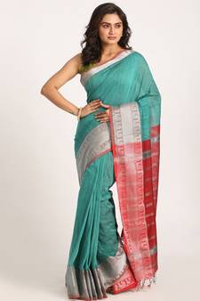 Deep Teal Handloom Cotton Tangail Saree