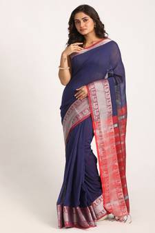 Navy Blue Handloom Cotton Tangail Saree