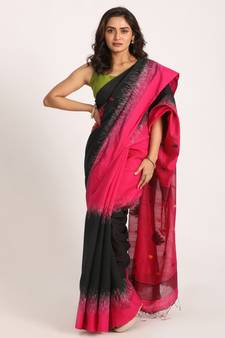 Deep Pink Cotton Blend Handloom Tie Dye Jamdani Saree