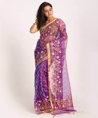 Purple Art Silk Muslin Handloom Embroidery Saree 1