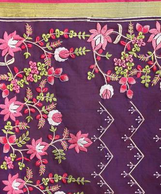 Purple Art Silk Muslin Handloom Embroidery Saree 2