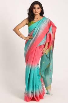 Brink Pink Cotton Blend Handloom Tie Dye Jamdani Saree