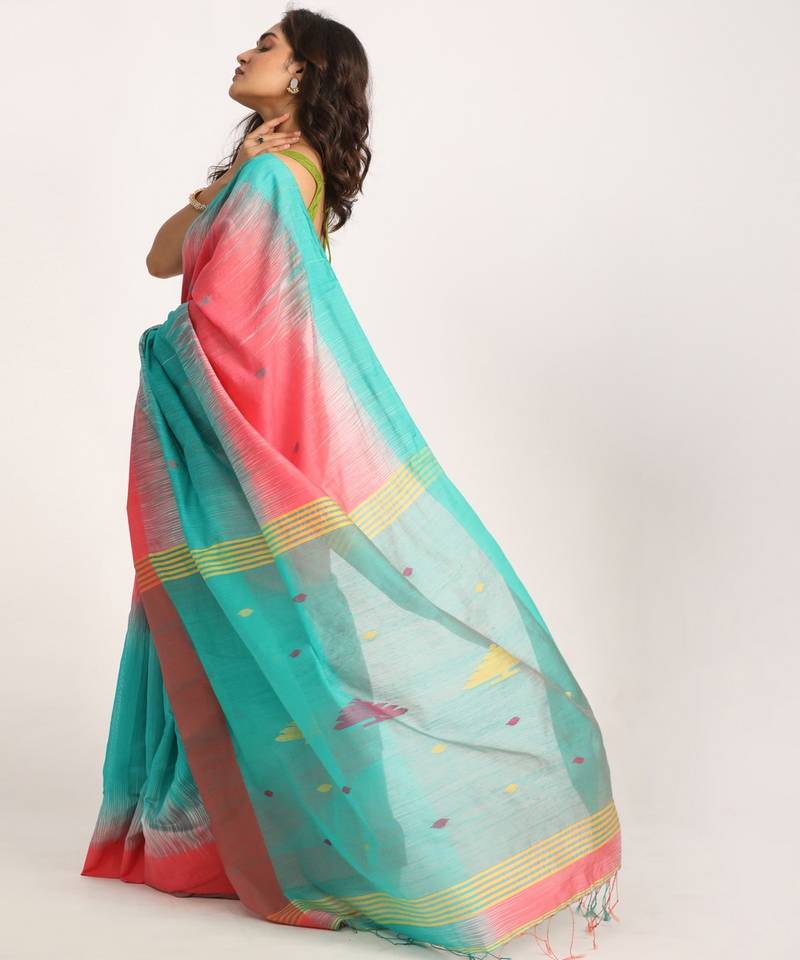 Brink Pink Cotton Blend Handloom Tie Dye Jamdani Saree