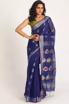 Royal Blue Cotton Blend Handloom Jamdani Saree