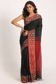 Black Handloom Cotton Tangail Saree