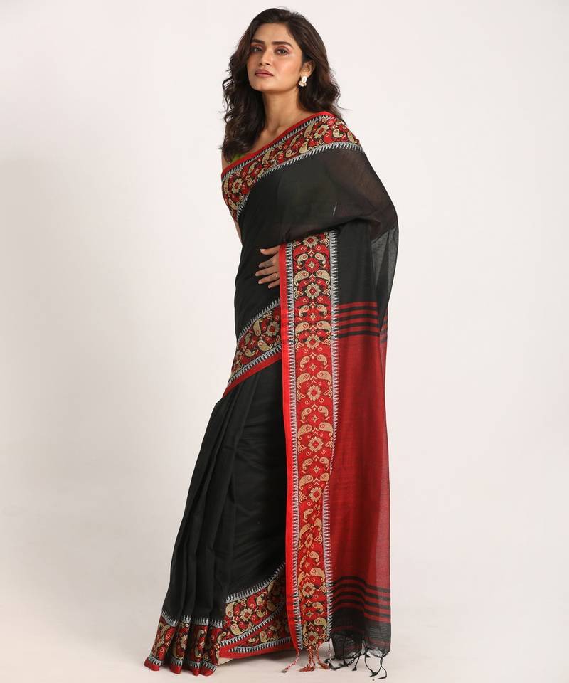 Black Handloom Cotton Tangail Saree
