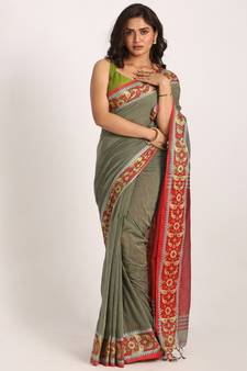 Pastel Grey Handloom Cotton Tangail Saree