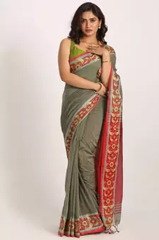 Pastel Grey Handloom Cotton Tangail Saree