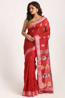 Red Cotton Blend Handloom Jamdani Saree