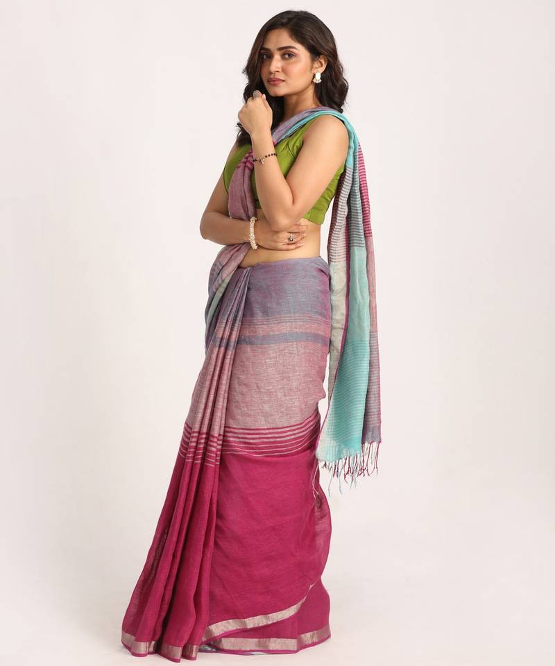 Multicolour Traditional Handloom Check Linen Saree
