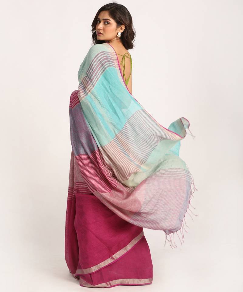 Multicolour Traditional Handloom Check Linen Saree