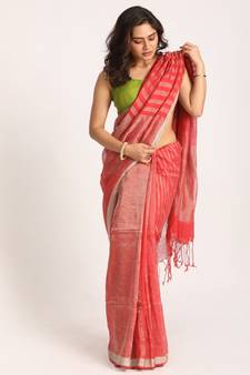 Pastel Red Traditional Handloom Check Linen Saree