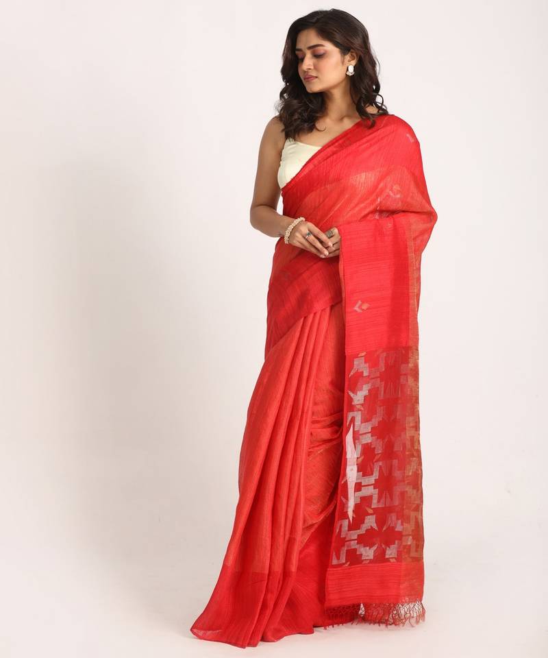 Red Matka Silk Handloom Traditional Sequin Jamdani Saree