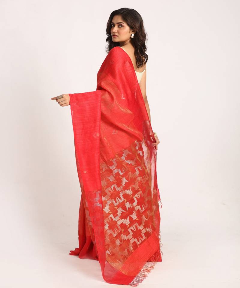 Red Matka Silk Handloom Traditional Sequin Jamdani Saree