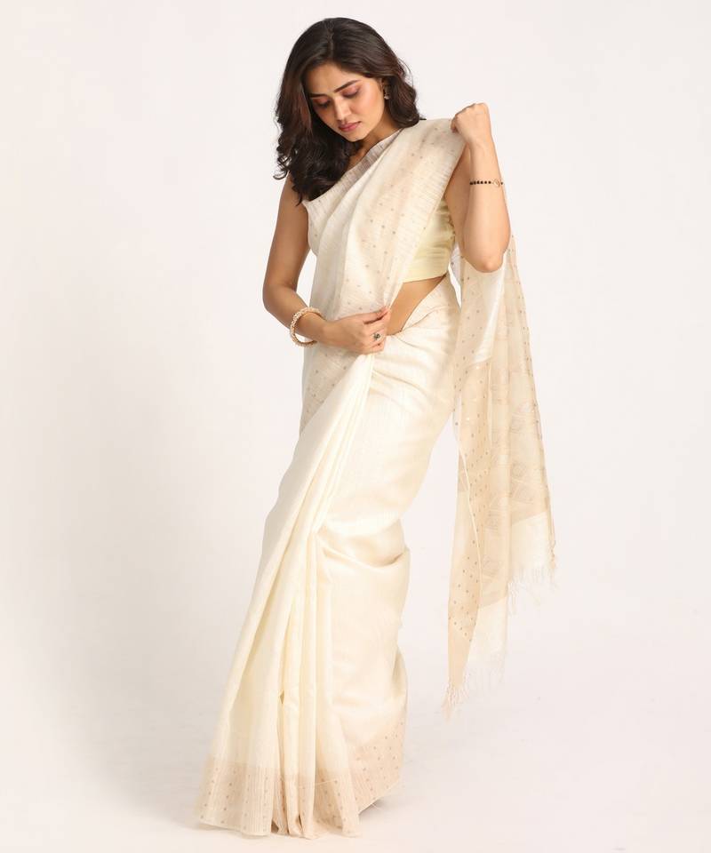 White Matka Silk Handloom Traditional Sequin Jamdani Saree