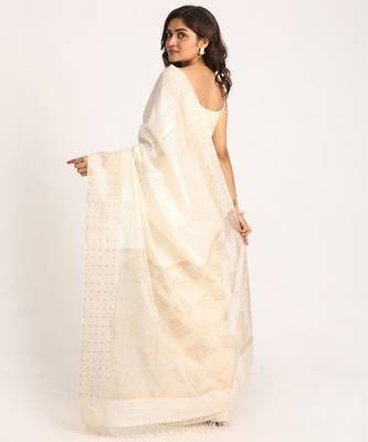 White Matka Silk Handloom Traditional Sequin Jamdani Saree 3