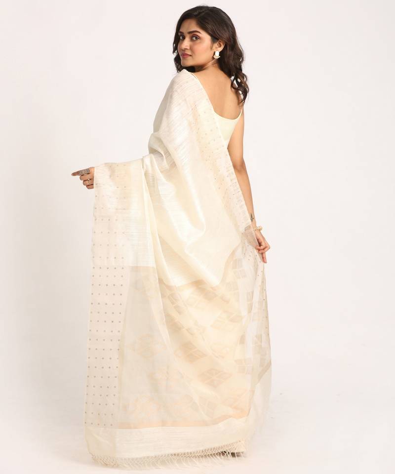 White Matka Silk Handloom Traditional Sequin Jamdani Saree