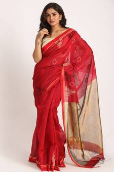 Red Cotton Blend Handloom Jamdani Saree