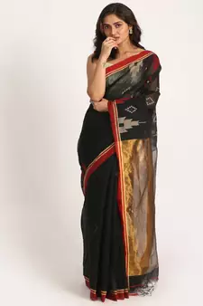 Black Cotton Blend Handloom Jamdani Saree