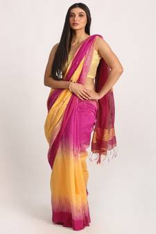 Fuchsia Light Mustard Cotton Blend Handloom Tie Dye Jamdani Saree