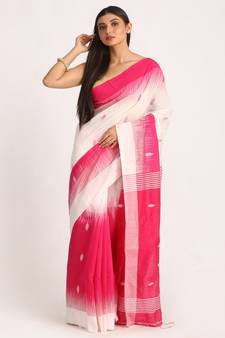 Fuchsia White Cotton Blend Handloom Tie Dye Jamdani Saree