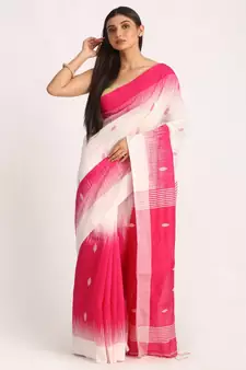 Fuchsia White Cotton Blend Handloom Tie Dye Jamdani Saree