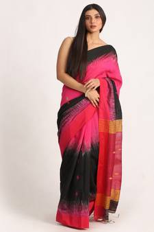 Fuchsia Black Cotton Blend Handloom Tie Dye Jamdani Saree