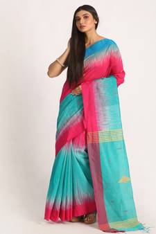 Fuchsia Turquoise Cotton Blend Handloom Tie Dye Jamdani Saree