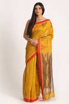 Dark Yellow Cotton Blend Handloom Jamdani Saree