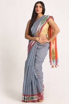 Kotki Border Deep Grey Cotton Blend Handloom Saree